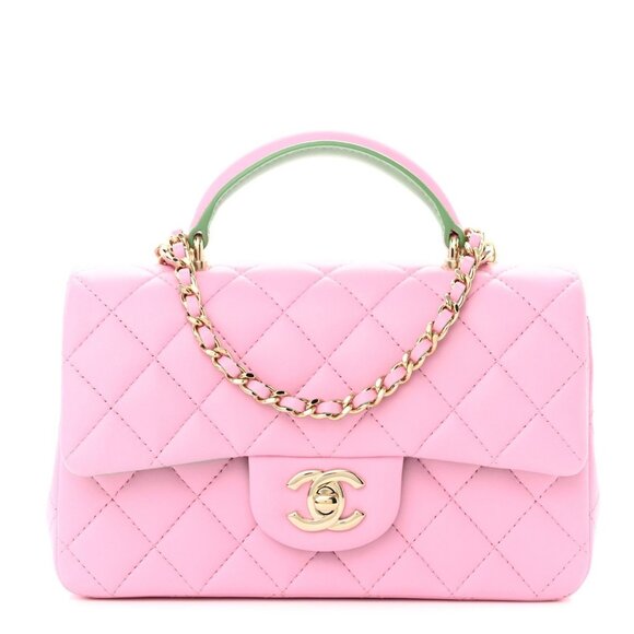 Authentic CHANEL Lambskin Quilted Mini Top Handle Rectangular Flap Lilac Green - Picture 1 of 13
